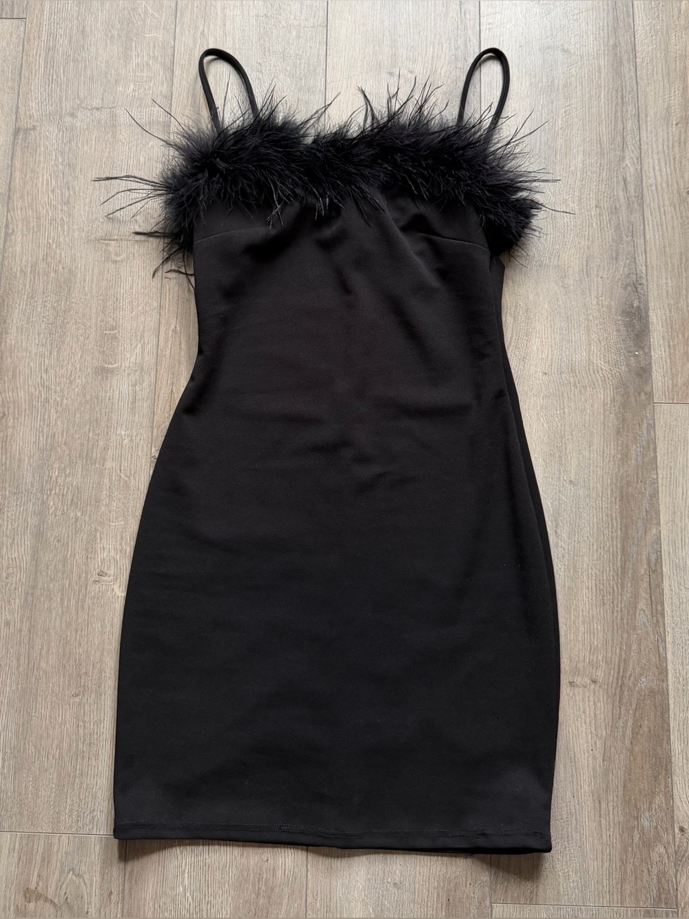 B Darlin Black Mini Dress with Feather Trim